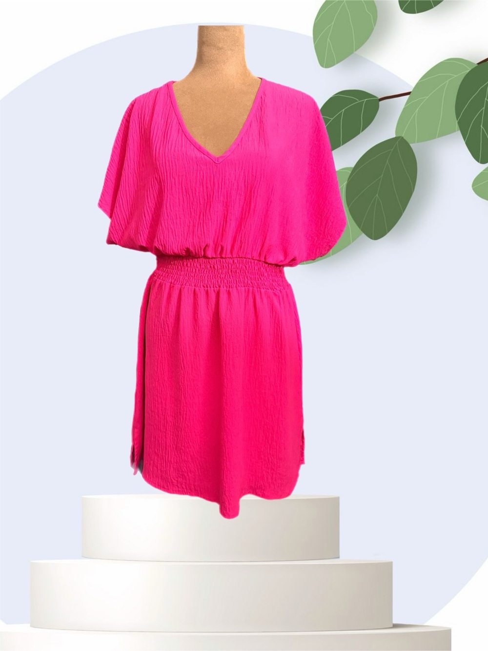 Vivid Pink V‑Neck Smocked Waist Casual Dress
